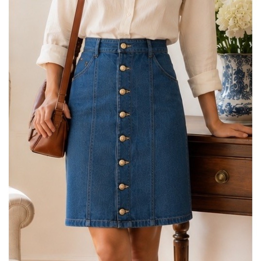 GUESS Coastal Denim Pencil Midi Skirt Size 26 Front Button Vertical Seam